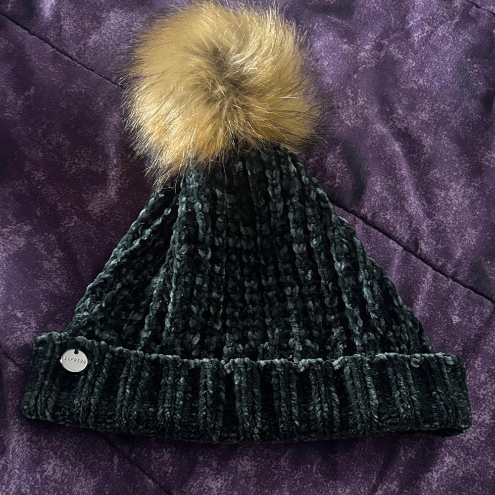 Express Green Knit Hat with Faux Fur Pom